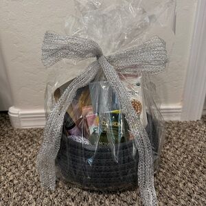 Elegant Gray Gift Basket with Silver Ribbon